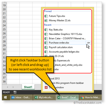 Access Recent List Of Workbooks From Windows Taskbar in Microsoft Excel 2007 2010 2013 2016 365