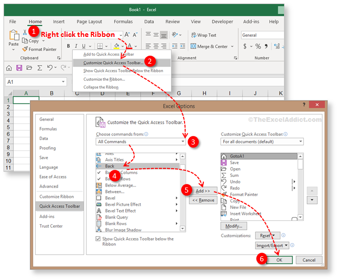 Add Back Button To Quick Access Toolbar in Microsoft Excel 2007 2010 2013 2016 2019 365