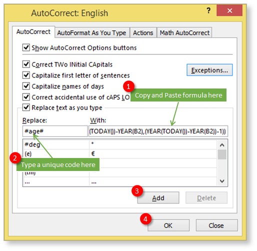 Add Complex Formula To Autocorrect List in Microsoft Excel 2007 2010 2013 2016 365