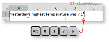 ALT Keys ASCII Code For Degree Symbol in Microsoft Excel 2007 2010 2013 2016 365