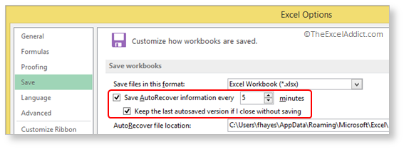 AutoRecover Settings in Microsoft Excel 2007 2010 2013 2016 365