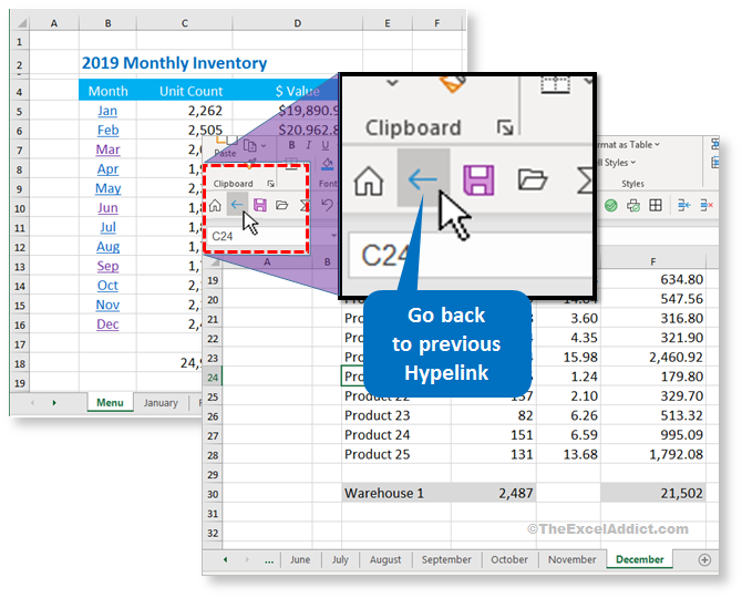 Click Back To Previous Hyperlink in Microsoft Excel 2007 2010 2013 2016 2019 365
