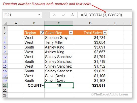 Count Visible Cells With Subtotal Function in Microsoft Excel 2007 2010 2013 2016 2019 365