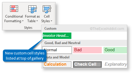 Custom Cell Styles Listed At Top in Microsoft Excel 2007 2010 2013 2016 365 2019