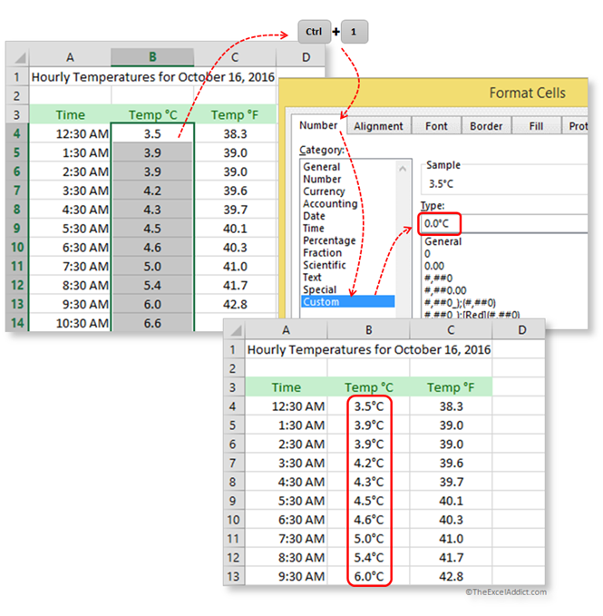 Custom Number Format Degrees Symbol in Microsoft Excel 2007 2010 2013 2016 365