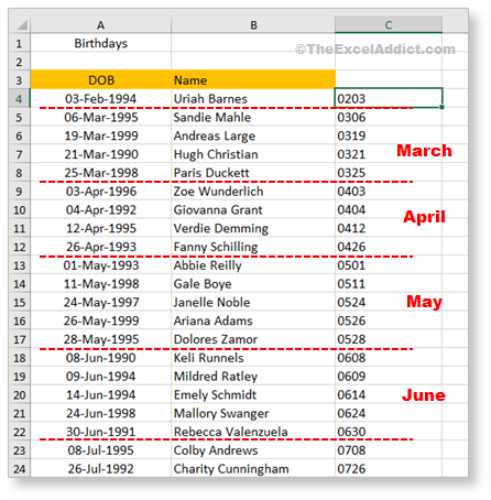 Dates Sorted By Month And Day Only in Microsoft Excel 2007 2010 2013 2016 2019 365