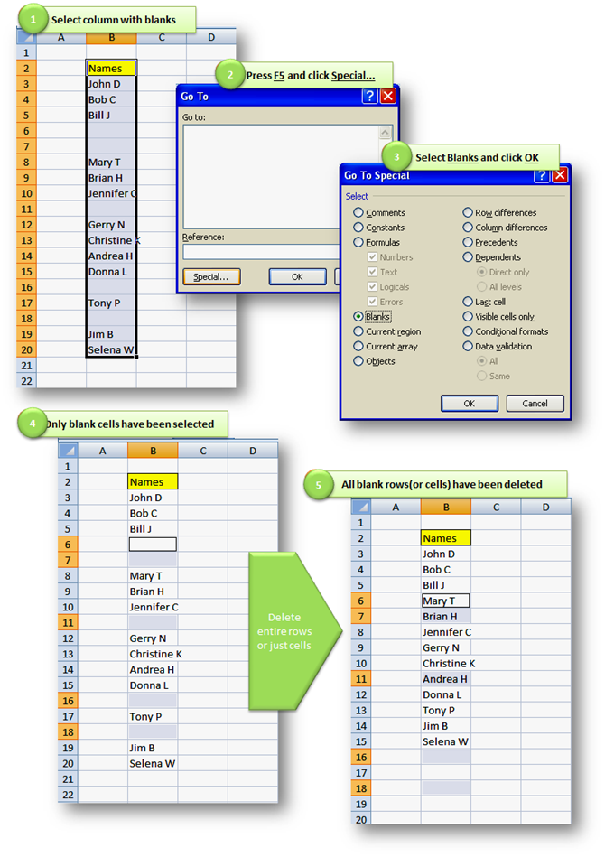 Delete multiple blank rows in Microsot Excel 2000, 2003, 2007, 2010, 2013