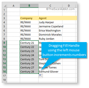 Drag Fill Handle To Auto Increment Numbers in Microsoft Excel 2007 2010 2013 2016 365