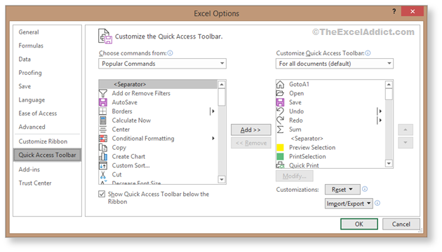 Excel Options Dialog Quick Access Toolbar in Microsoft Excel 2007 2010 2013 2016 2019 365