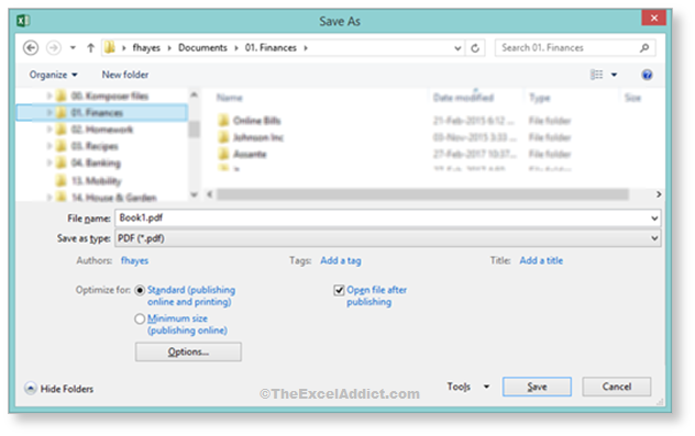 Excel Save As Dialog With PDF Options in Microsoft Excel 2007 2010 2013 2016 365