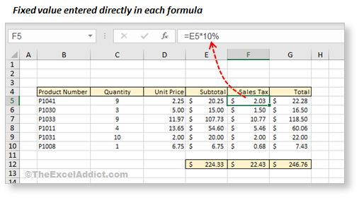 Fixed Value Entered Directly In Each Formula in Microsoft Excel 2007 2010 2013 2016 2019 365