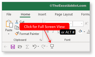 Full Screen Button On Quick Access Tolbar in Microsoft Excel 2007 2010 2013 2016 2019 365
