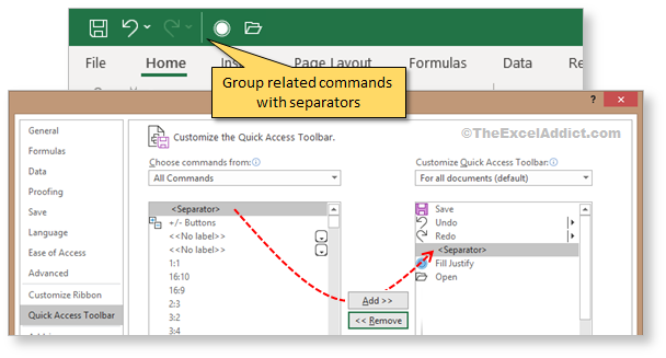 Insert Separator Quick Access Toolbar in Microsoft Excel 2007 2010 2013 2016 2019 365