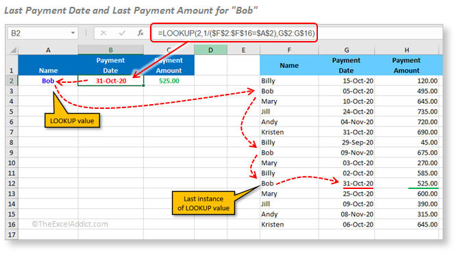Look Up Last Payment Date And Last Payment Amount For Bob in Microsoft Excel 2007 2010 2013 2016 2019 365