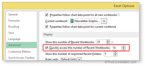 Option Setting To Access Recent Workbooks in Microsoft Excel 2007 2010 2013 2016 365