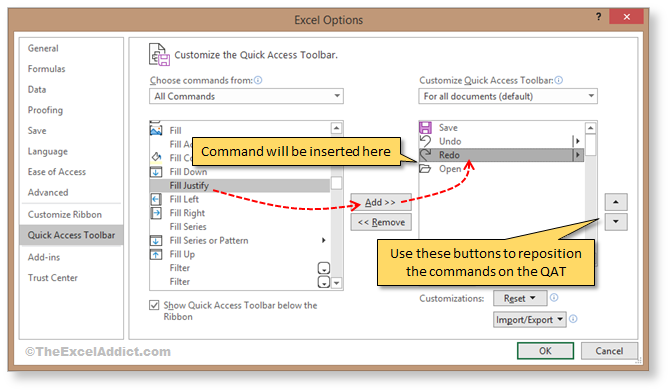 Position Of Command On Quick Access Toolbar in Microsoft Excel 2007 2010 2013 2016 2019 365