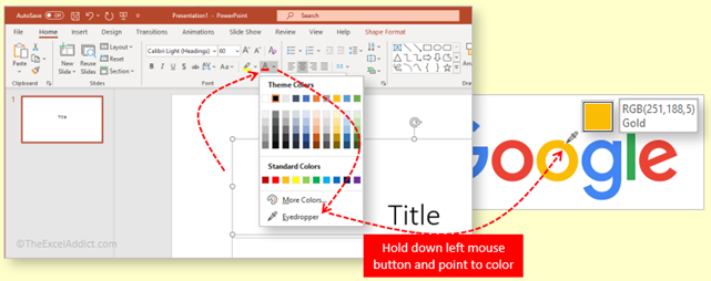 Use the eyedropper tool in powerPoint to find RGB values for any color.