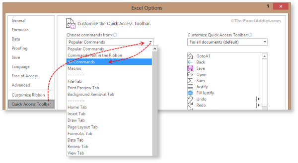 Quick Access Toolbar All Commands in Microsoft Excel 2007 2010 2013 2016 2019 365