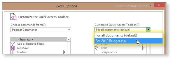 Quick Access Toolbar Commands For A Specific Workbook in Microsoft Excel 2007 2010 2013 2016 2019 365