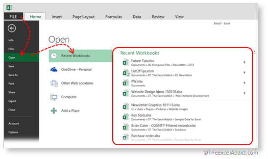 Recent Files From Open Dialog in Microsoft Excel 2007 2010 2013 2016 365