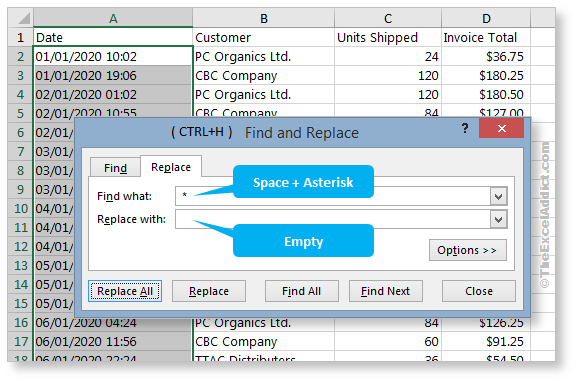 Remove Times From Column Of Dates Using Find And Replace in Microsoft Excel 2007 2010 2013 2016 2019 365