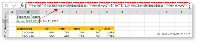 Report Title With Automatically Updating Date Range in Microsoft Excel 2007 2010 2013 2016 365