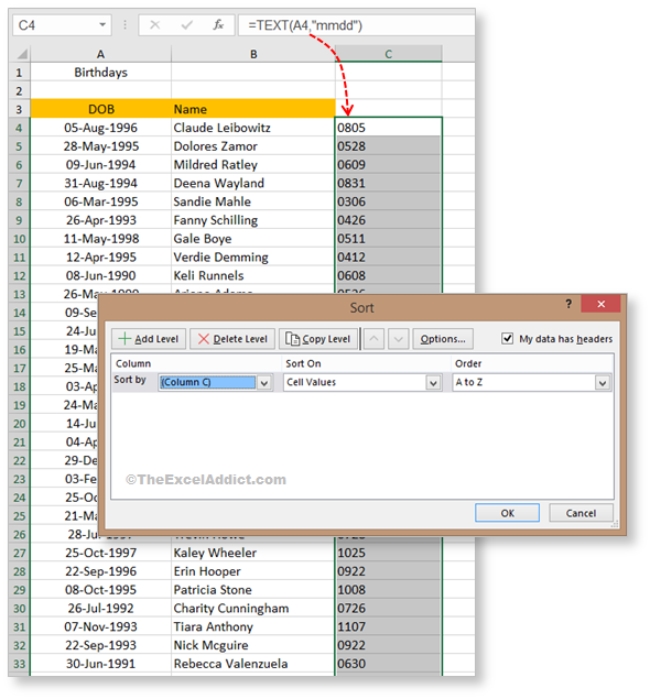 Sort Dates Ignoring Year in Microsoft Excel 2007 2010 2013 2016 2019 365