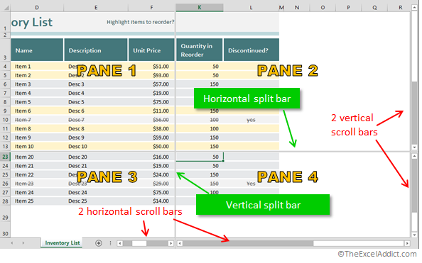 Split Worksheet Into Four Separate Panes Windows in Microsoft Excel 2007 2010 2013 2016 365