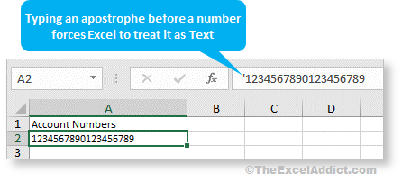 Type Apostrophe Before Number in Microsoft Excel 2007 2010 2013 2016 2019 365