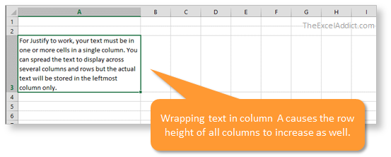 Wrapping Text In One Column Adjusts Row Height Of All Columns in Microsoft Excel 2003, 2007, 2010, 2013, 365